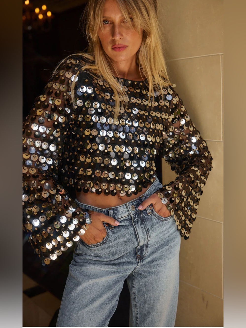 12th Tribe Black Iridescent Sequin Cropped Top Boho S Small